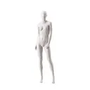 Basic female window mannequin, semi-abstract head, round tempered glass base, soft clay matt, pose 003