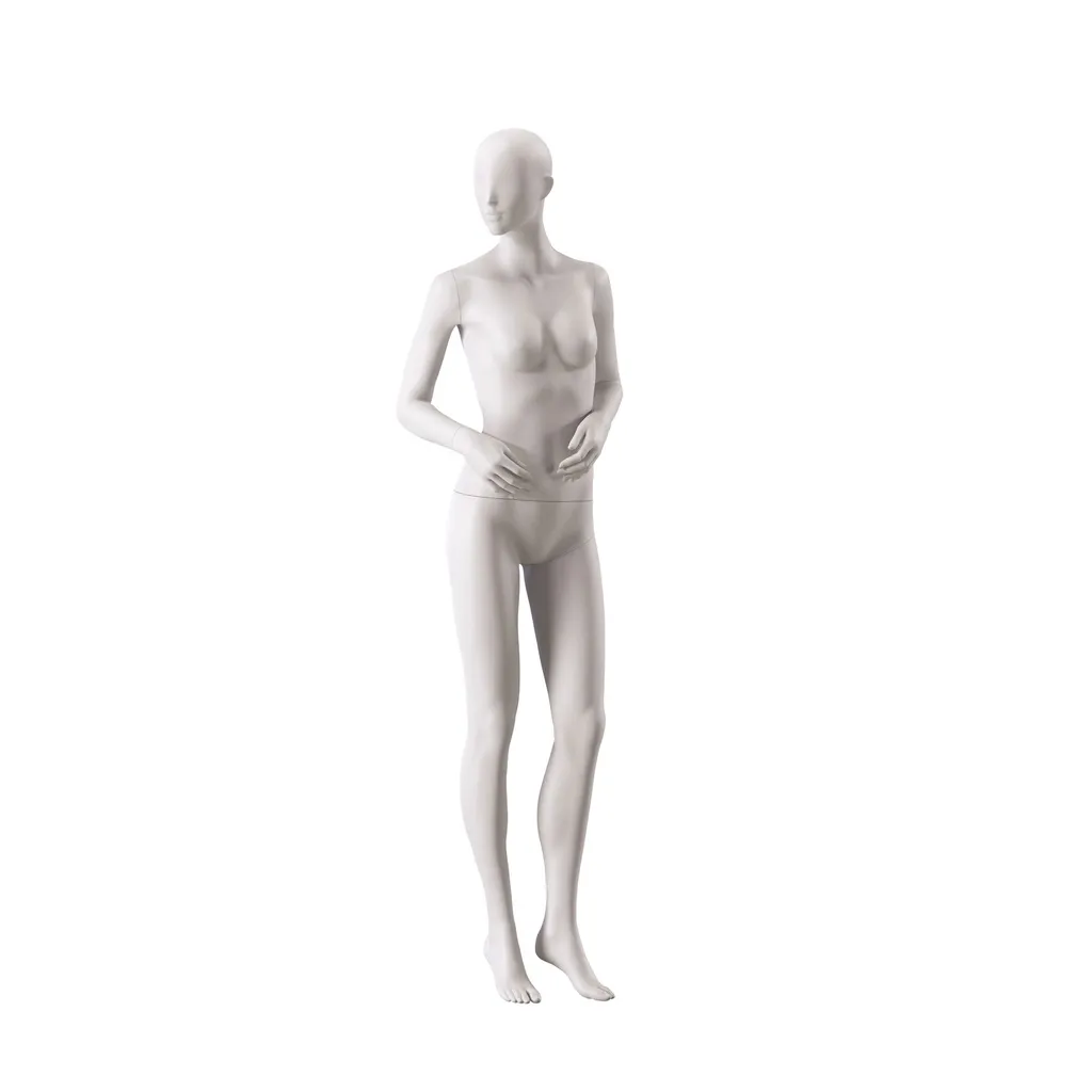 Basic female window mannequin, semi-abstract head, round tempered glass base, soft clay matt, pose 006