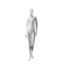 Basic female window mannequin, semi-abstract head, round tempered glass base, soft clay matt, pose 012