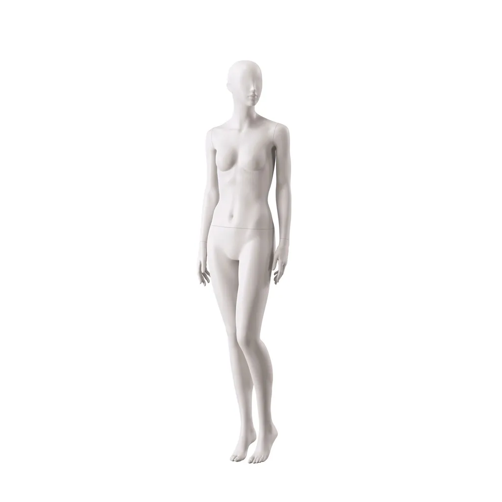 Basic female window mannequin, semi-abstract head, round tempered glass base, soft clay matt, pose 015