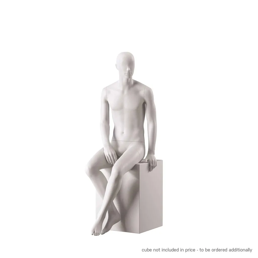 Mannequin de vitrine homme, avec tête semi-abstraite, socle rond en verre, nude, pose 107