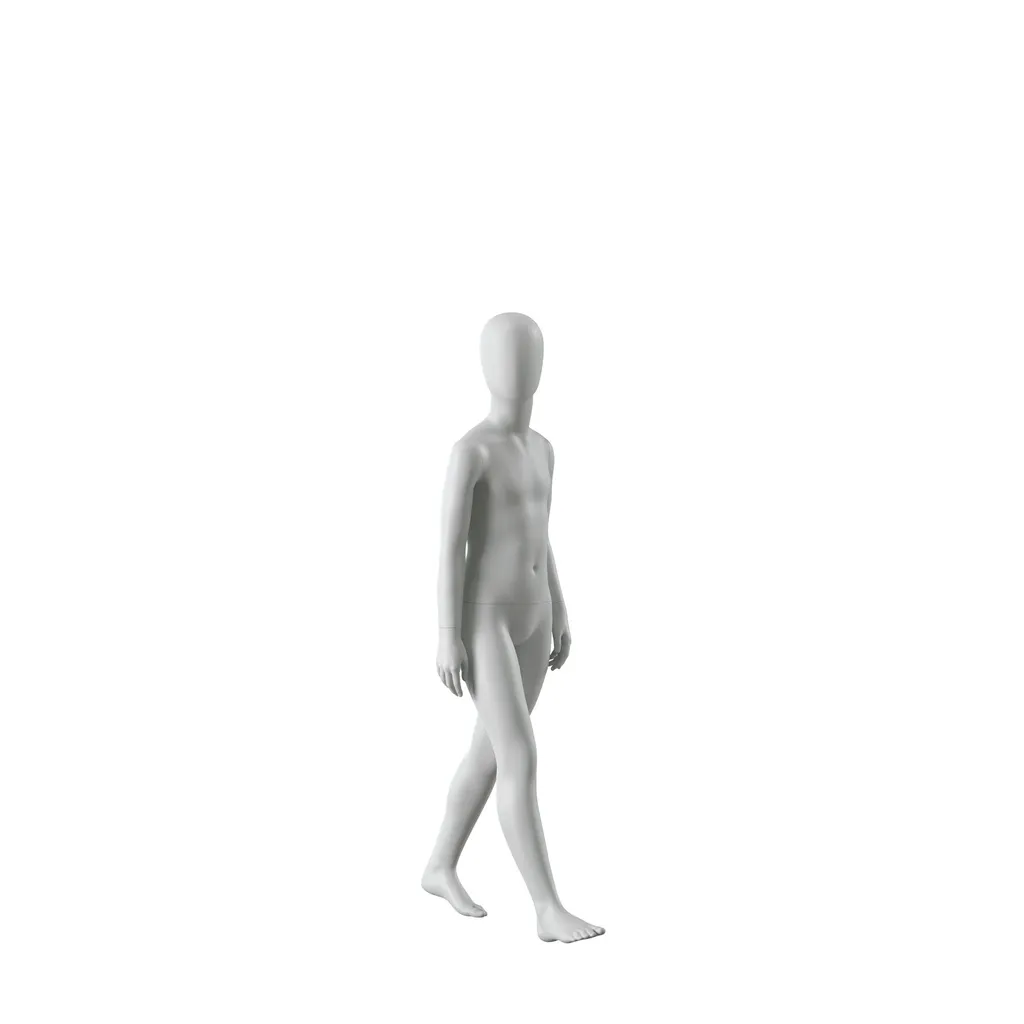 Mannequin enfant abstrait gris, avec tête abstraite, 10 ans, socle en verre, pose C207