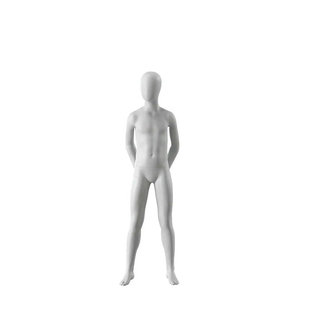 Mannequin enfant abstrait gris, avec tête abstraite, 12 ans, socle en verre, pose C208