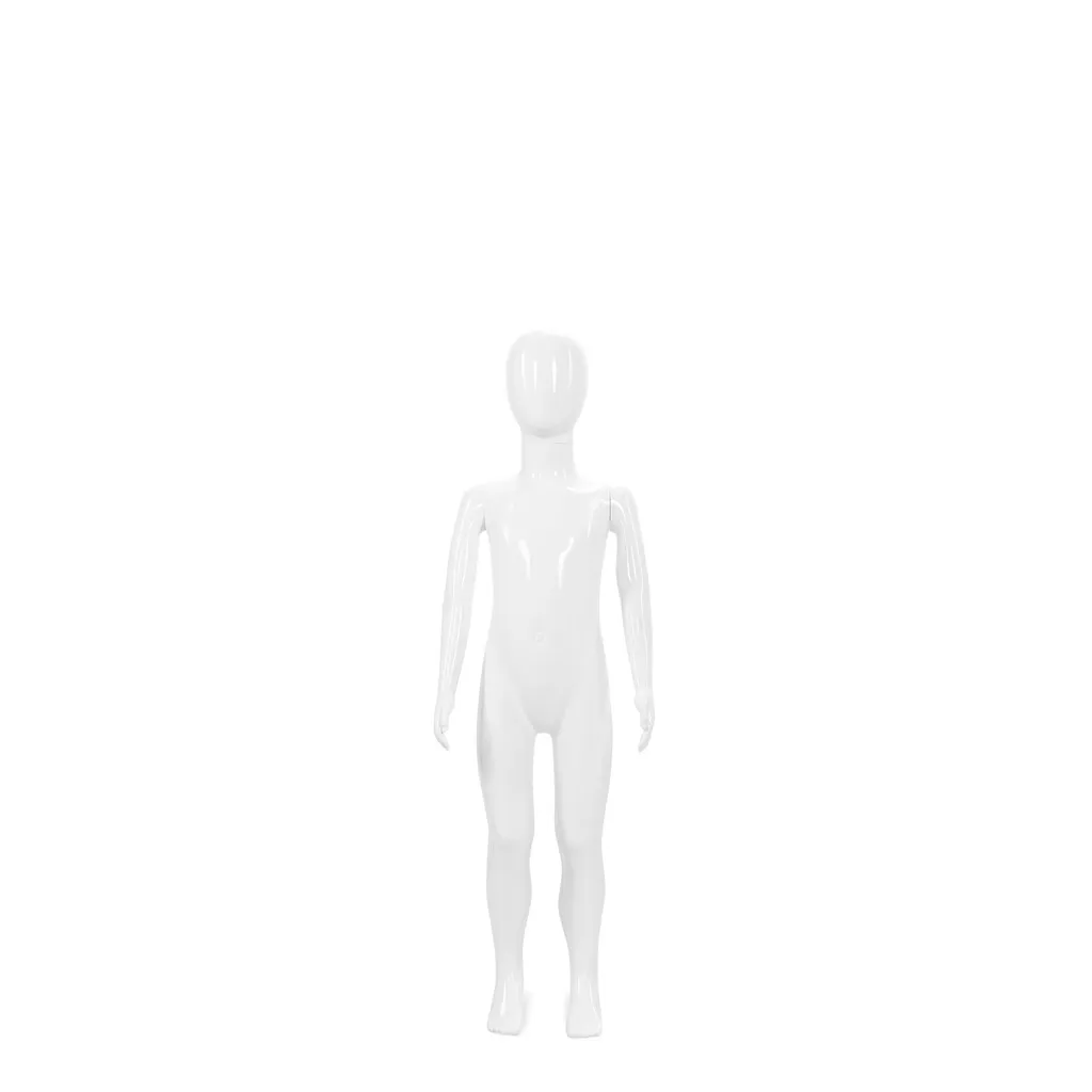 Mannequin enfant incassable, 5-6 ans, tête abstraite, mannequin recyclable en plastique ABS, blanc brillant, pose 1