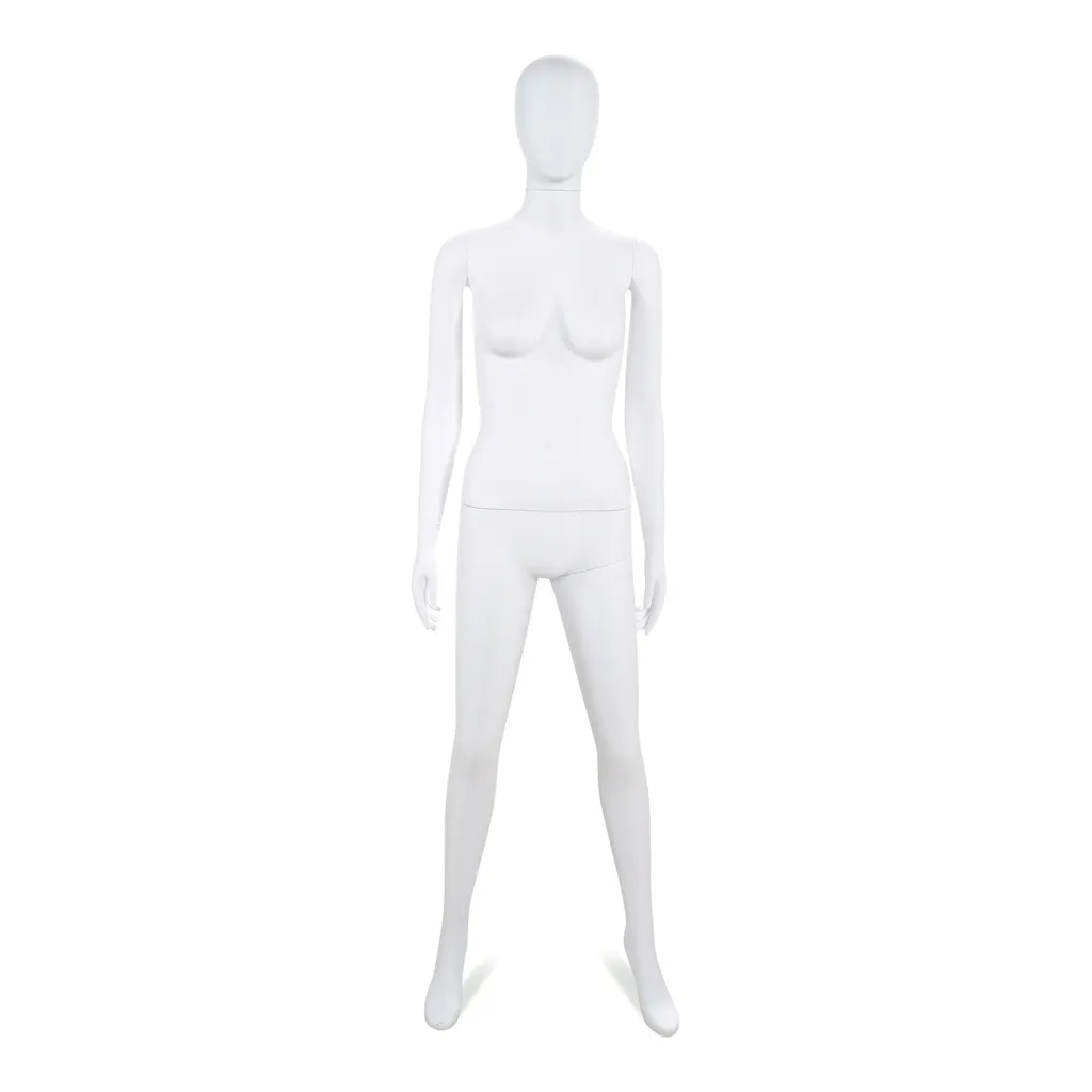 Unbreakable male mannequin, abstract head, recyclable mannequin made from ABS plastic, matte white, pose 43