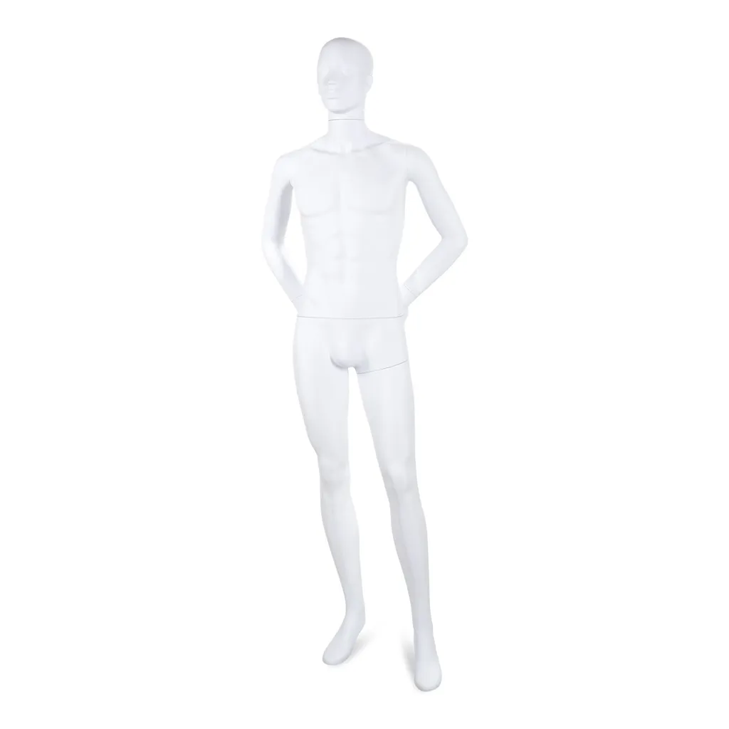 Unbreakable male mannequin, semi-abstract head, recyclable mannequin made from ABS plastic, matte white, pose 06