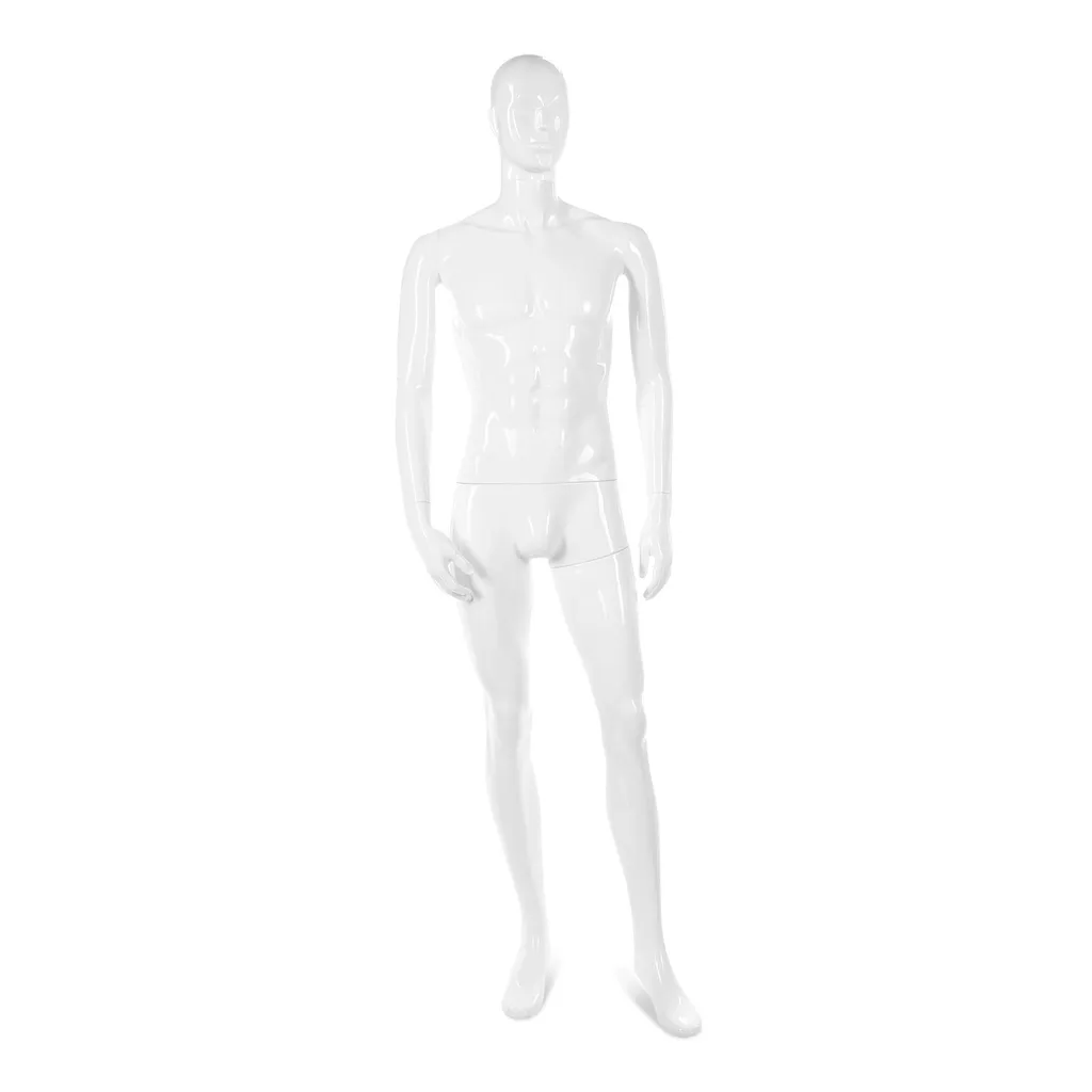 Unbreakable men's mannequin, semi-abstract head, recyclable mannequin made of ABS plastic, glossy white, pose 08