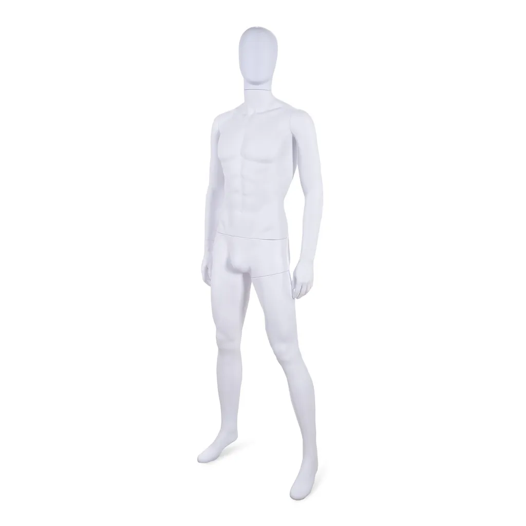 Unbreakable male mannequin, abstract head, recyclable mannequin made from ABS plastic, matte white, pose 10