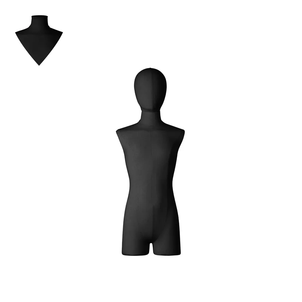 Dress form with legs, child, 12 years, covered with black woven fabric, removable abstract head