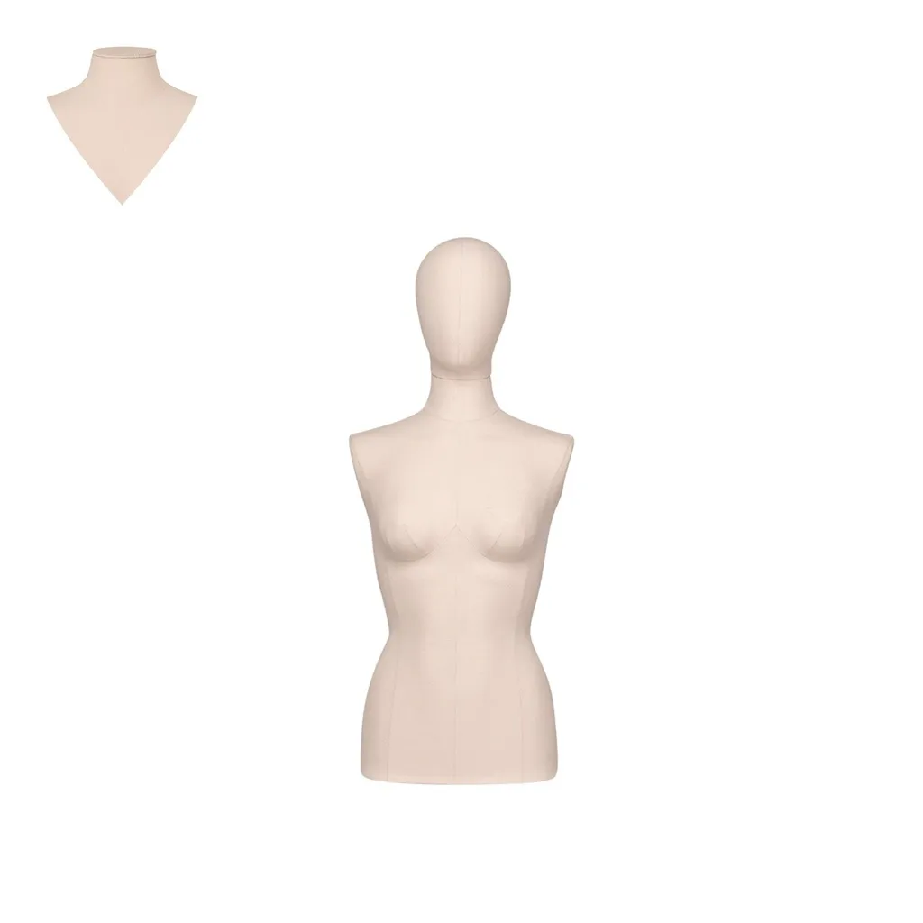 Busto de costura mujeres hasta las caderas, talla 36/38, cubierto con tela cruda, cabeza desmontable.