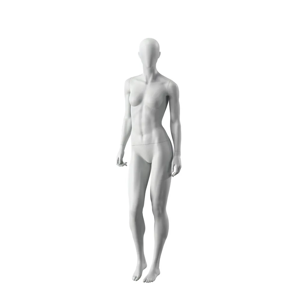 Sport mannequin female, grey, abstract head, standing pose 26