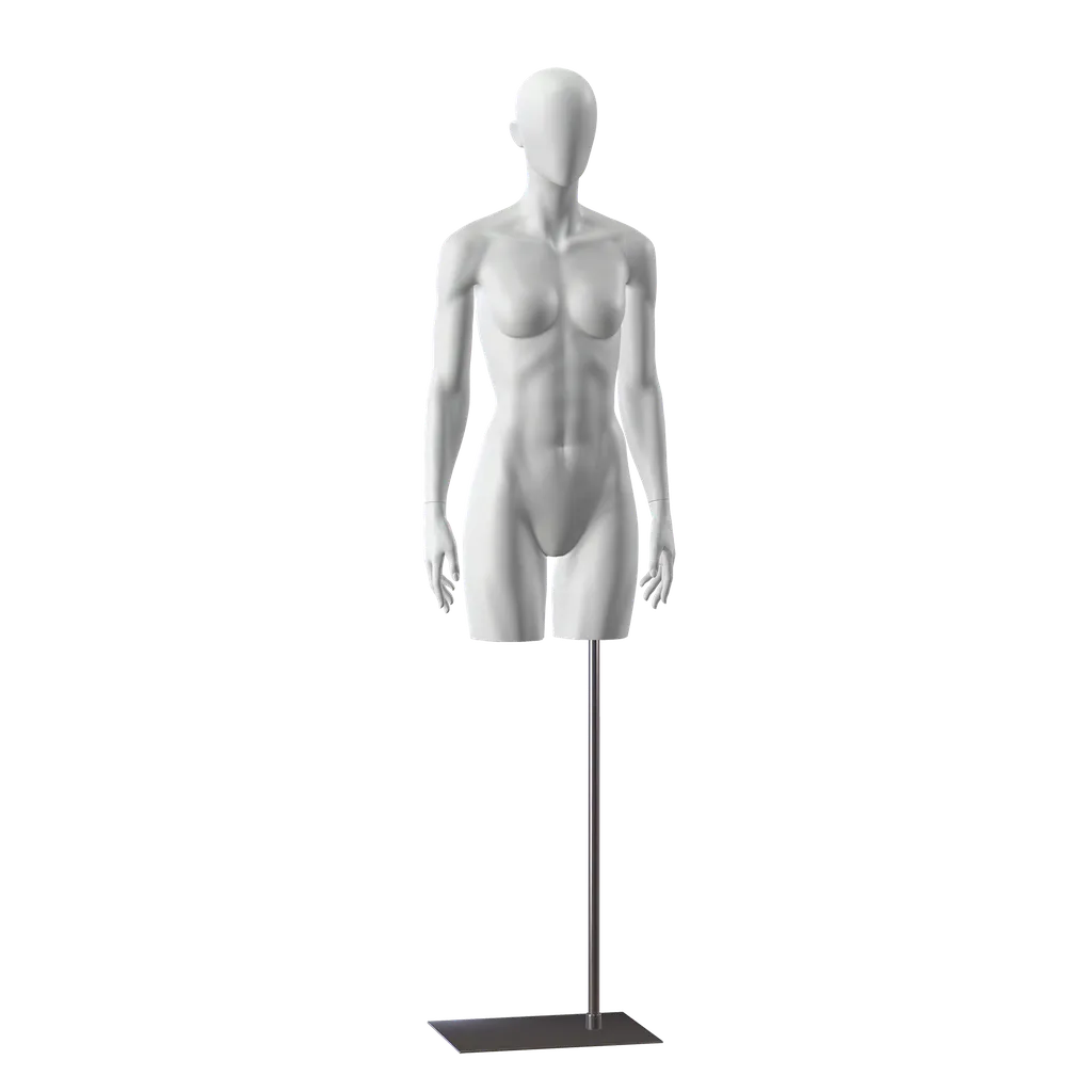 Busto de maniquí deportivo mujer con piernas,  gris, base de metal, cabeza abstracta, postura 201