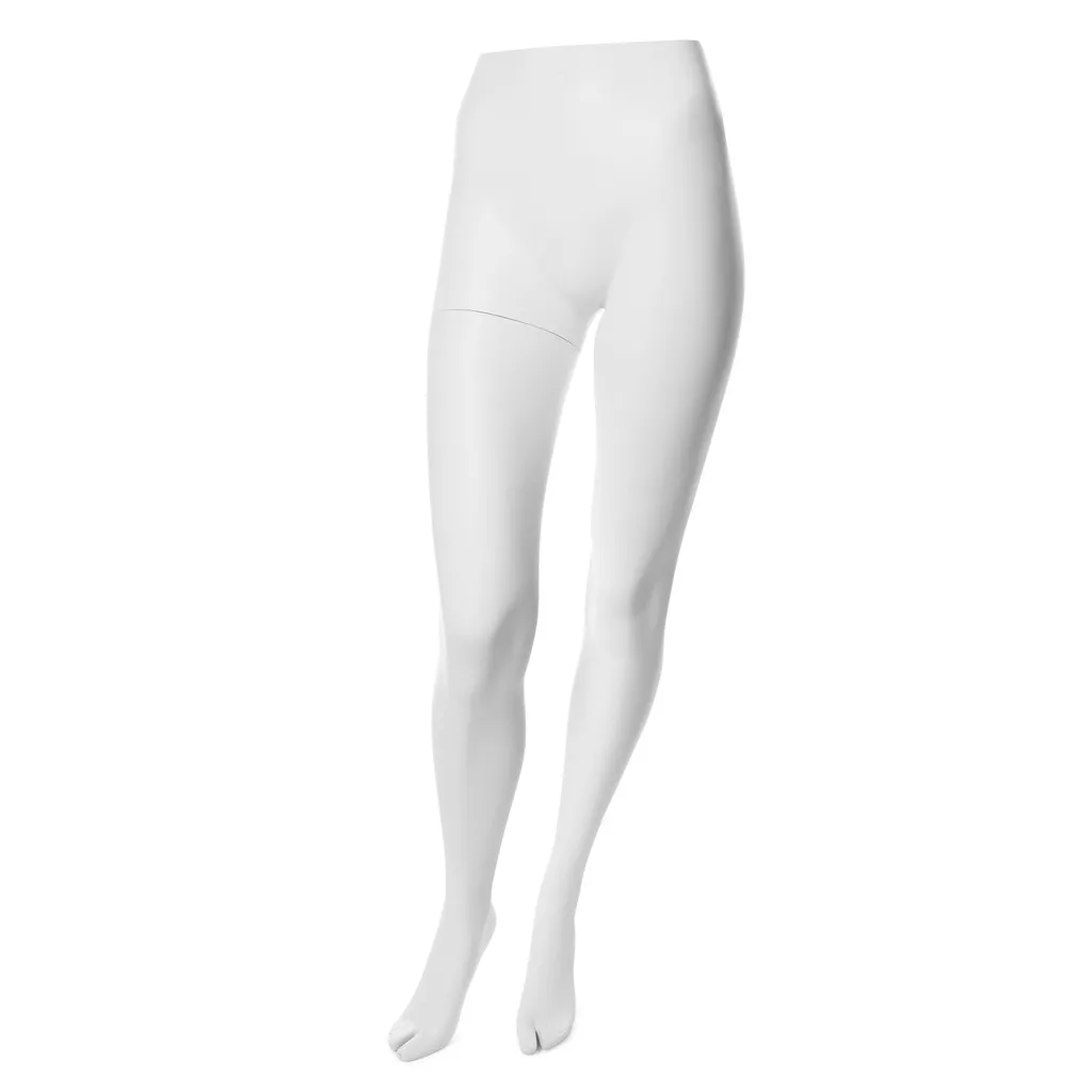 White trouser display for women, including round glass base plate, including foot and calf pin, pose 1