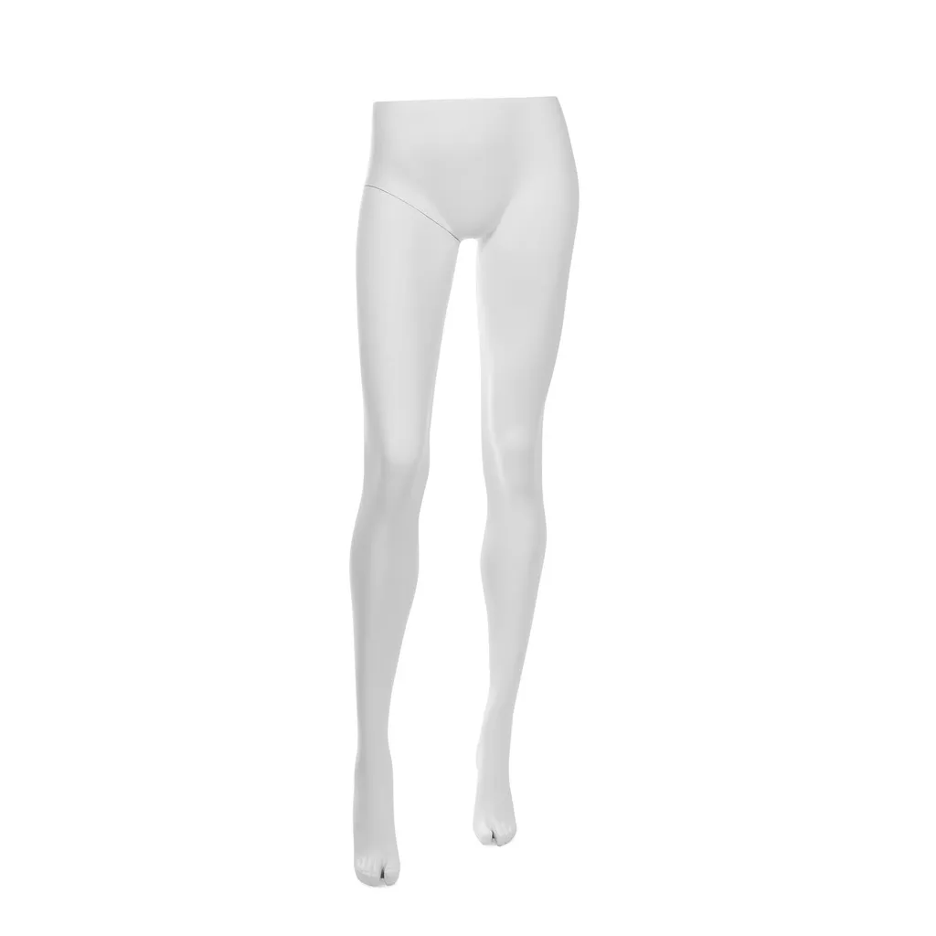 White trouser display for women, including round glass base plate, including foot and calf pin, pose 22