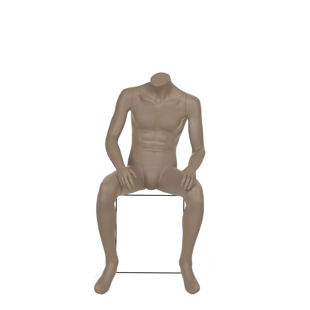 Sitting male mannequin headless, beige grey