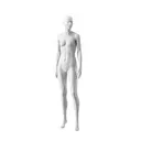 White female mannequin, abstract head with nose and mouth, round glass base, pose 005