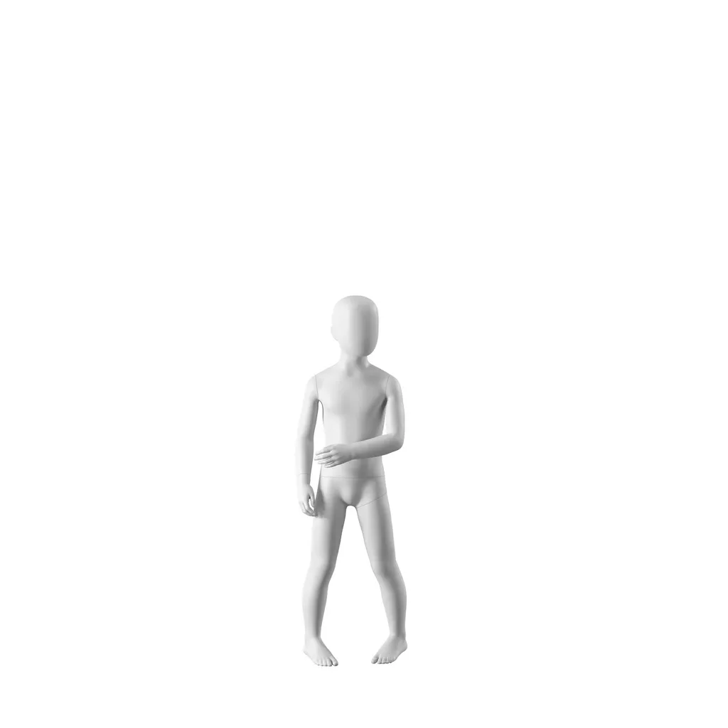 White abstract child mannequin, with abstract head, 6 years, white powdercoated base, pose CM303