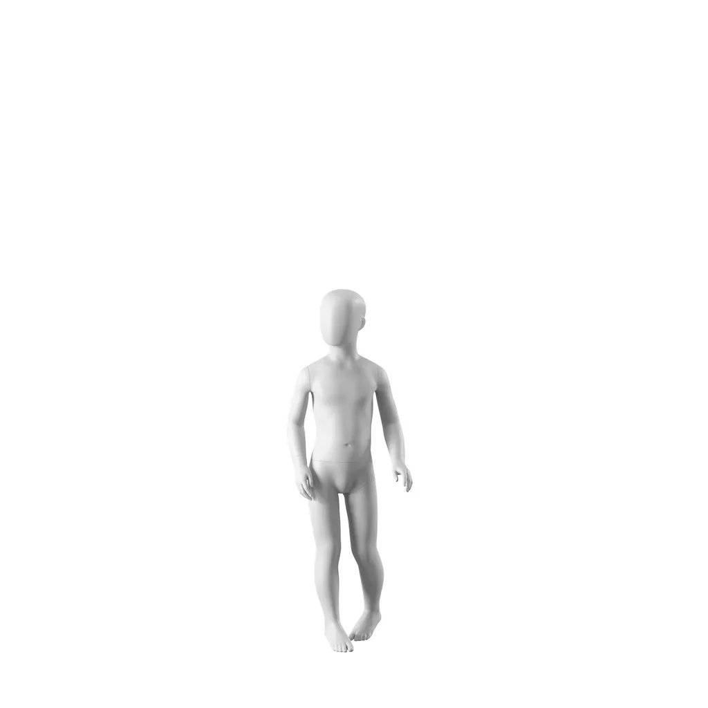 White abstract child mannequin, with abstract head, 6 years, white powdercoated base, pose CM304