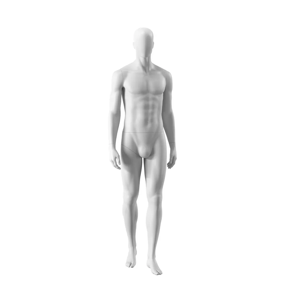 White abstract male mannequin, with abstract head, white powdercoated base, pose MM101