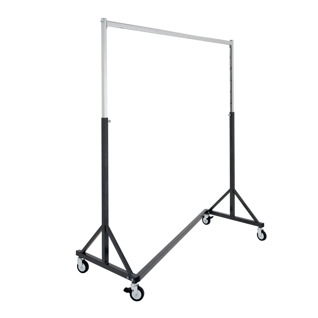 Portant extra solide avec rail simple, finition hammer, noir avec partie supérieure en chrome, avec barres extensibles en hauteur, 140 cm, roulettes avec freins