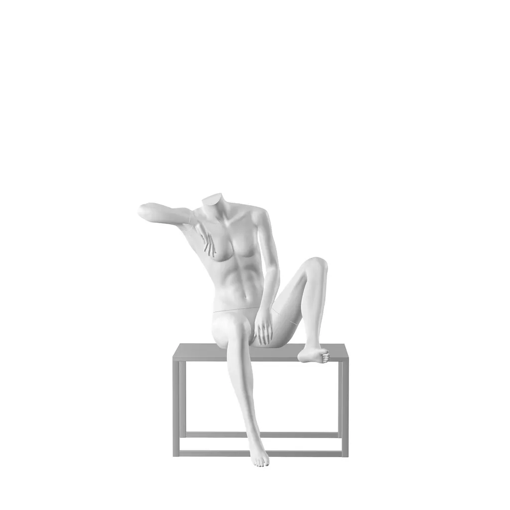 Realistic mannequin, female, urban style, matt white, headless, seated pose 002