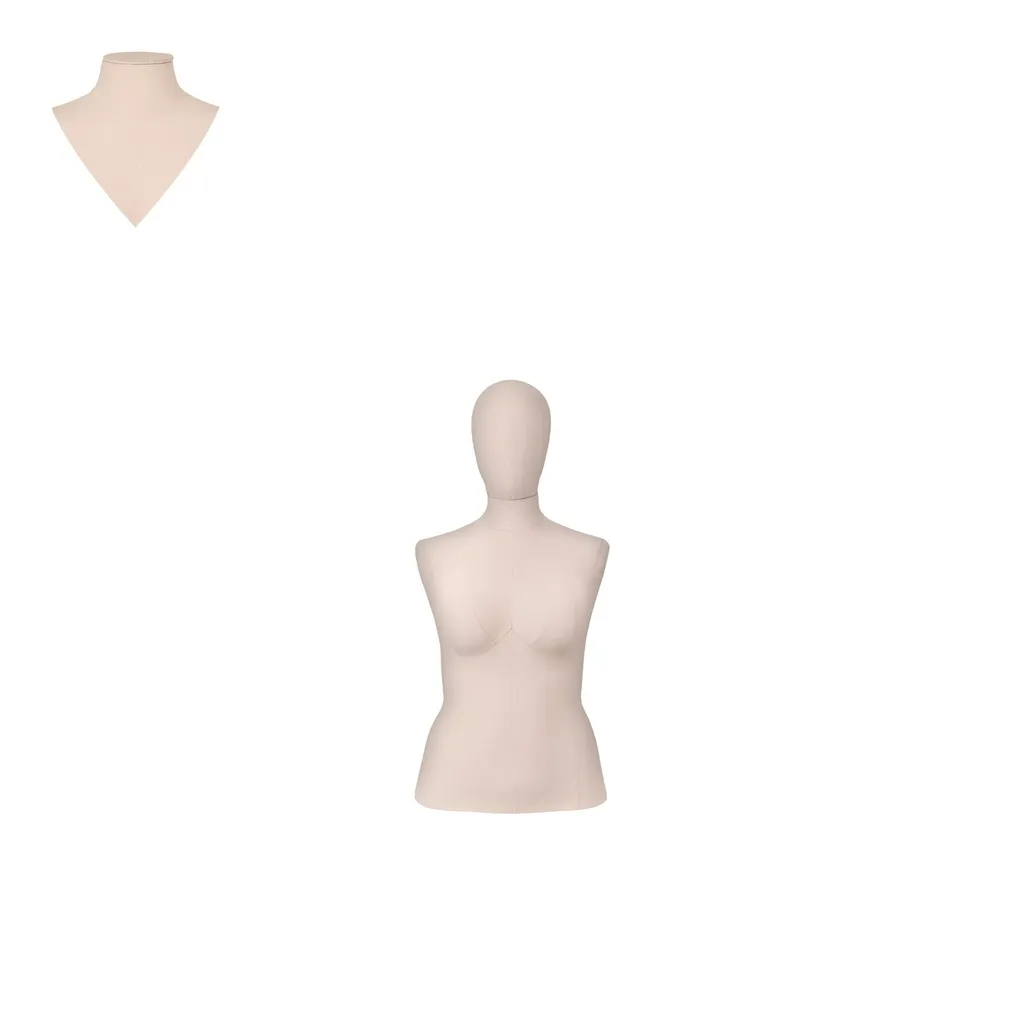 Busto de costura mujeres hasta las caderas, talla 44, cubierto con tela cruda, cabeza desmontable. 