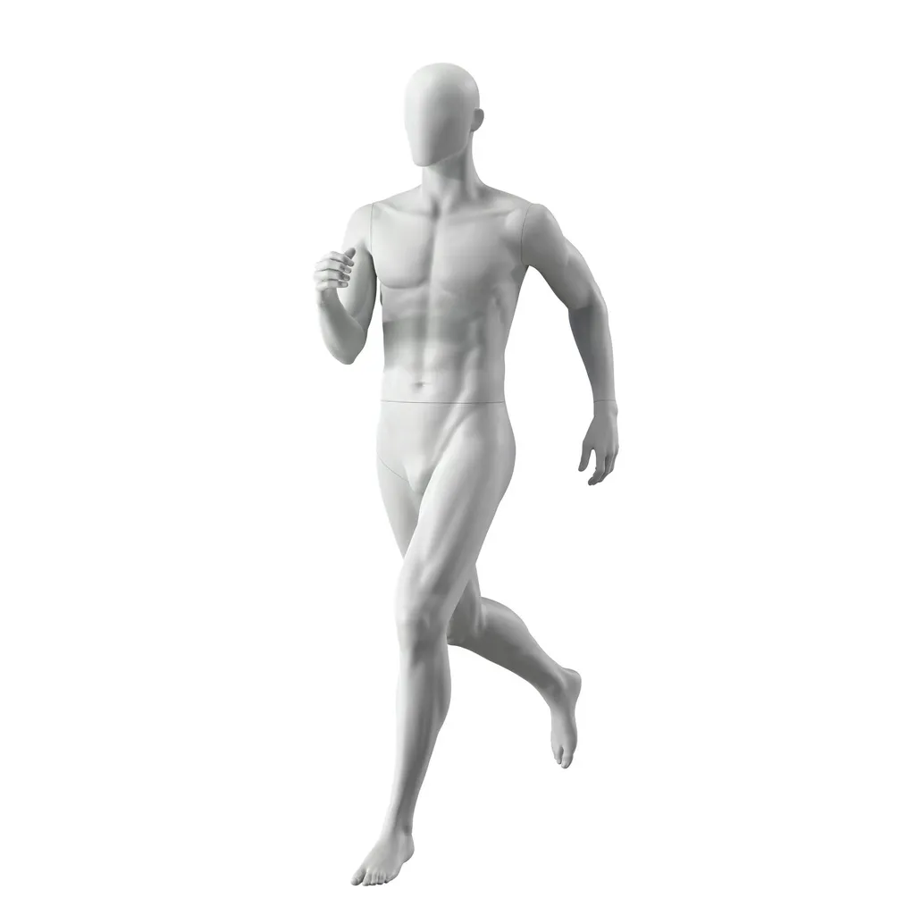 Running sport mannequin, male, grey, abstract head, standing pose 304