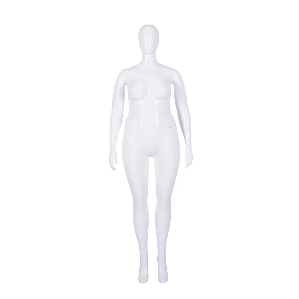 Unbreakable plus-size women's mannequin, abstract head, 42EU / FR46, recyclable mannequin made of ABS plastic, glossy white, pose 50