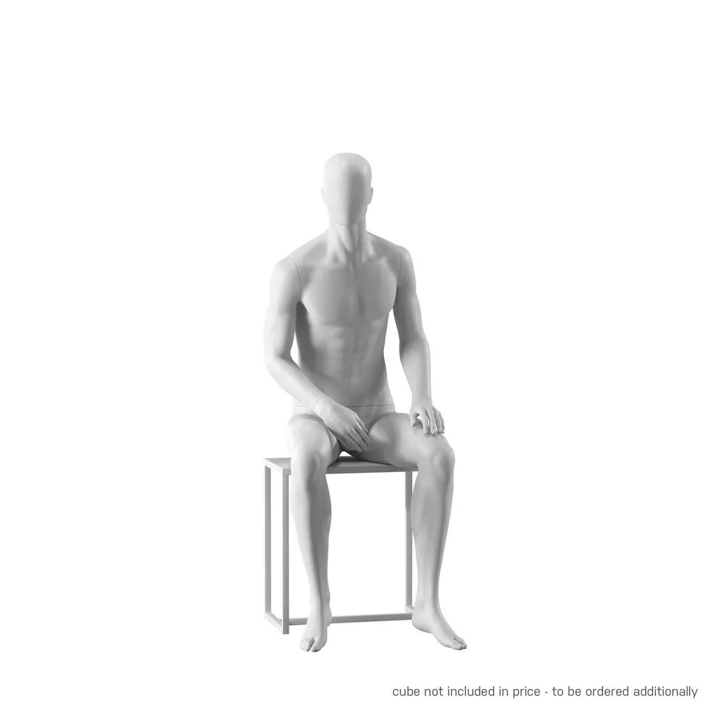 White abstract male mannequin, with abstract head, seated pose MM104