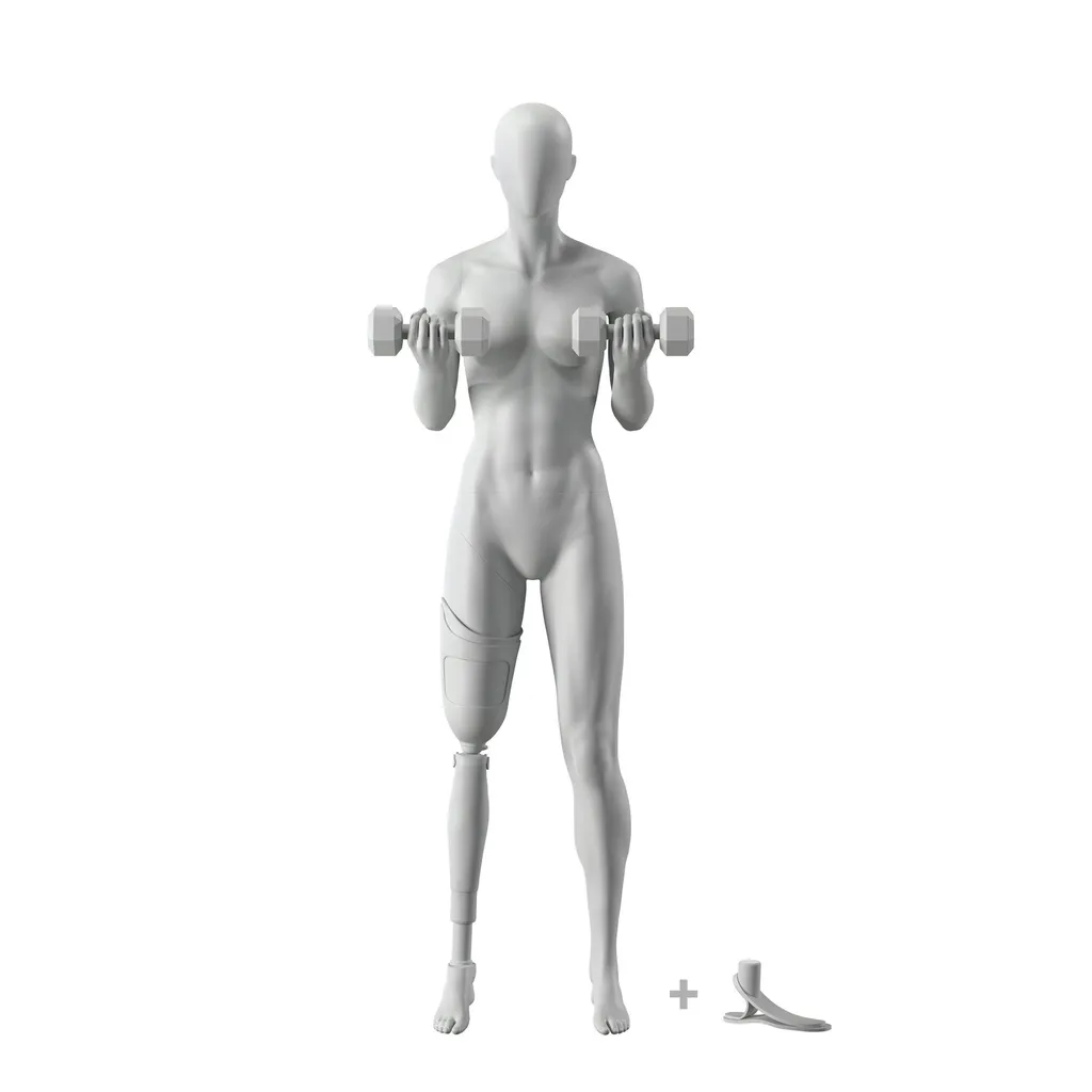 Maniquí de deporte gimnasio con prótesis de pierna, mujer, gris, cabeza abstracta, postura de pie 112