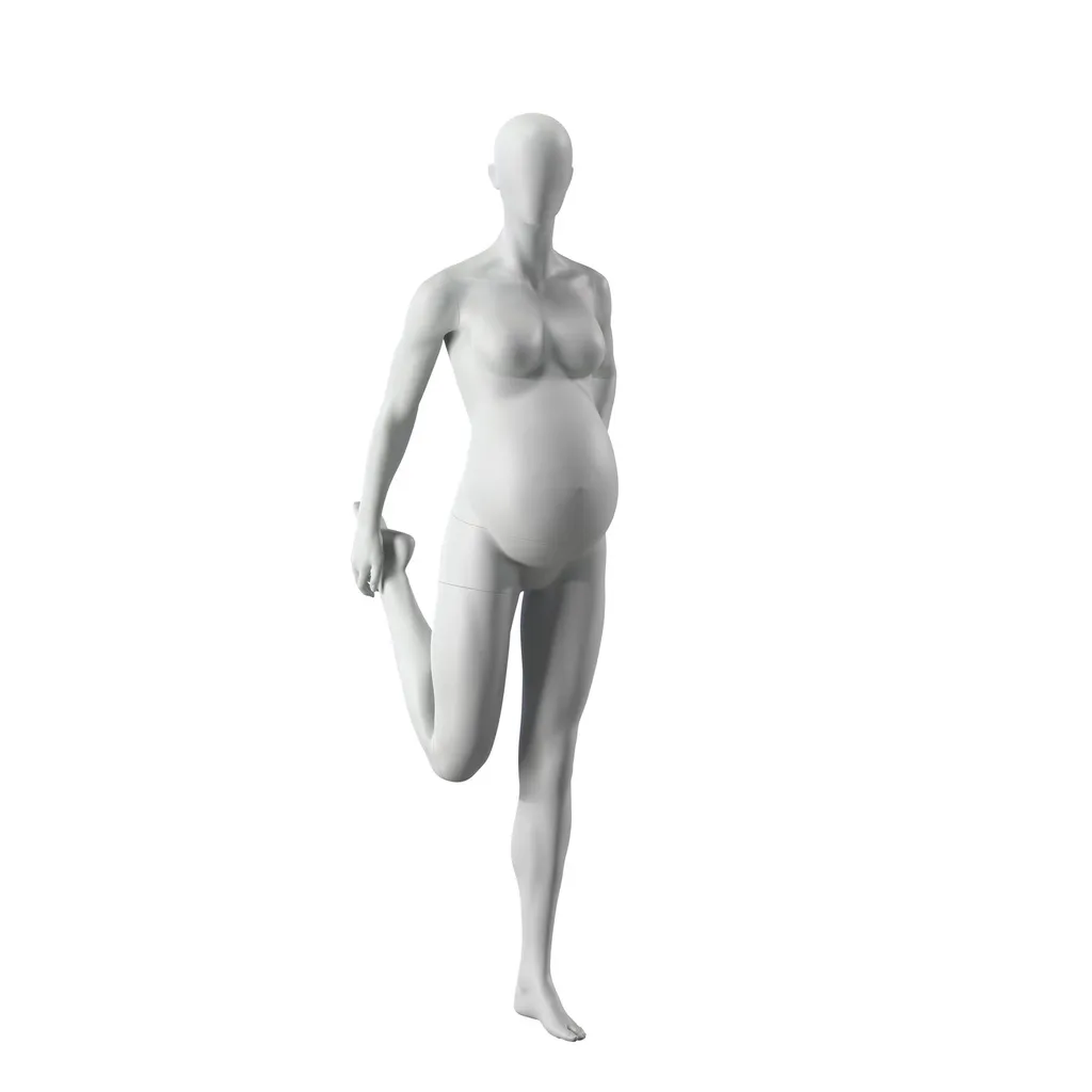 Mannequin sportif d'étirement enceinte, femme, gris, tête abstraite, pose debout 37