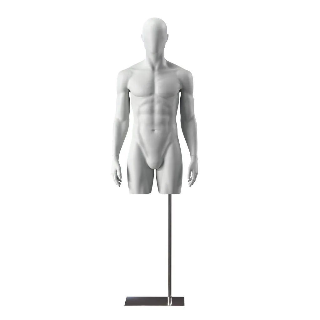 Busto de maniquí deportivo hombre con piernas, gris, base de metal, cabeza abstracta, postura 501