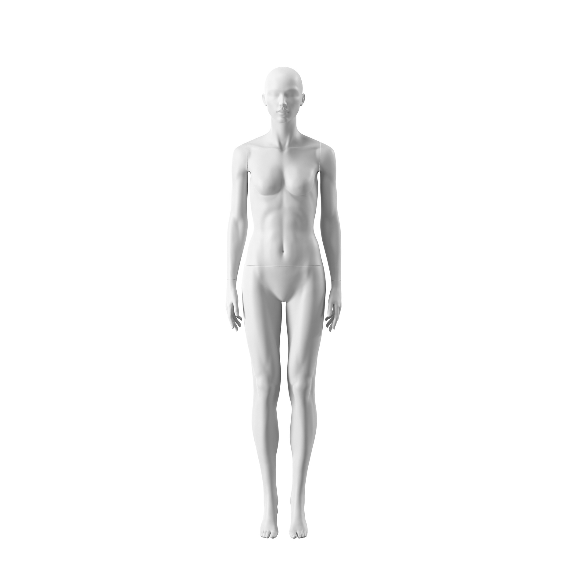 White female mannequin, abstract head with nose and mouth, round glass base, pose 007