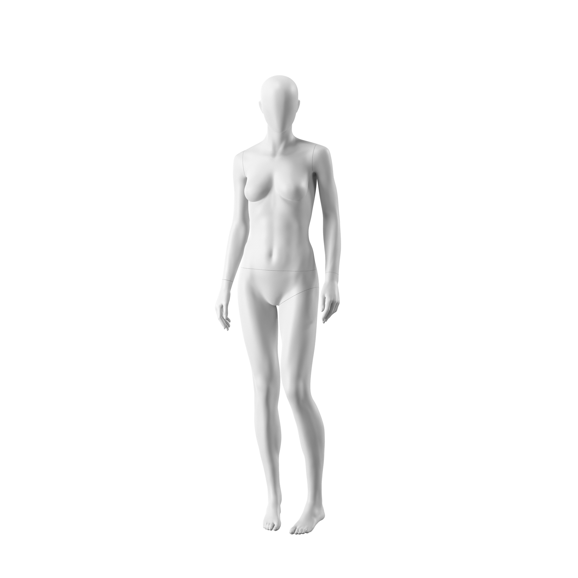 White abstract female mannequin, with abstract head, white powdercoated base, pose FM003