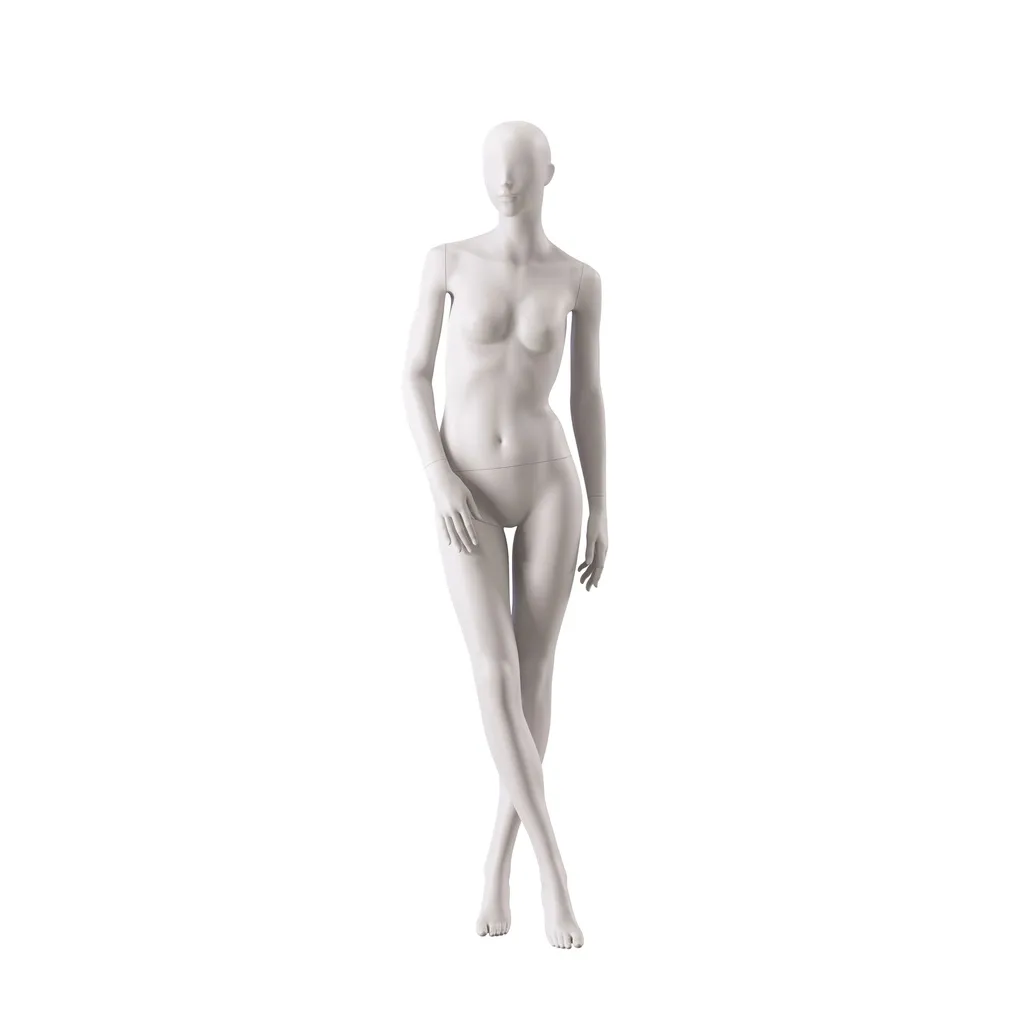 Basic female window mannequin, semi-abstract head, round tempered glass base, soft clay matt, pose 001