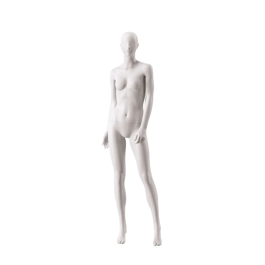 Basic female window mannequin, semi-abstract head, round tempered glass base, soft clay matt, pose 003