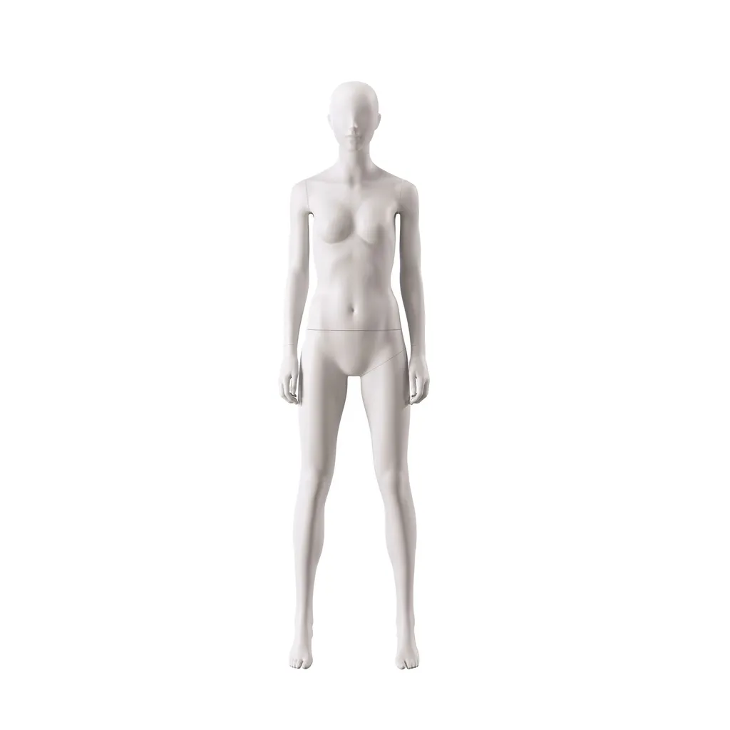 Basic female window mannequin, semi-abstract head, round tempered glass base, soft clay matt, pose 005