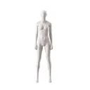 Basic female window mannequin, semi-abstract head, round tempered glass base, soft clay matt, pose 005