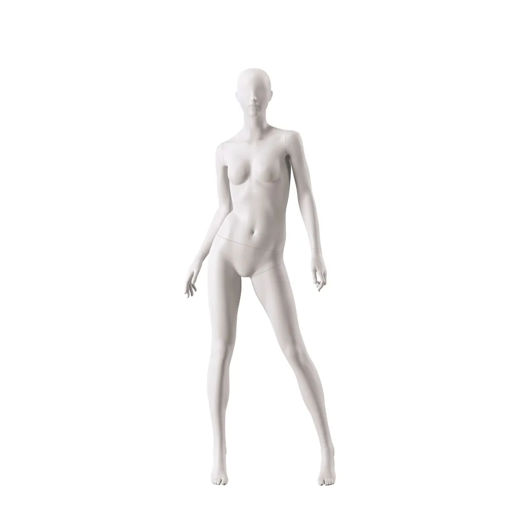 Mannequin de vitrine femme, avec tête semi-abstraite, socle rond en verre, nude, pose 008