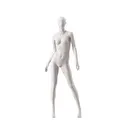 Basic female window mannequin, semi-abstract head, round tempered glass base, soft clay matt, pose 008