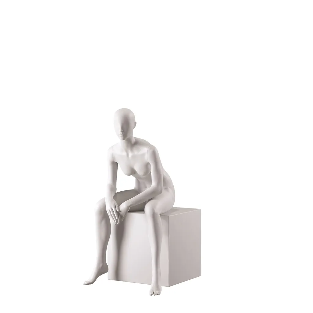 Basic female window mannequin, semi-abstract head, round tempered glass base, soft clay matt, pose 010