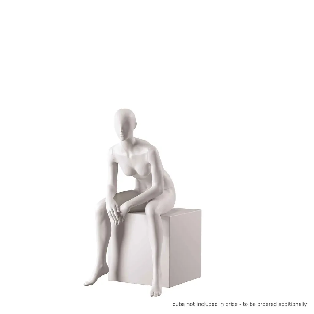 Basic female window mannequin, semi-abstract head, round tempered glass base, soft clay matt, pose 010