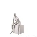 Basic female window mannequin, semi-abstract head, round tempered glass base, soft clay matt, pose 010