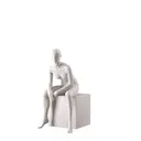 Basic female window mannequin, semi-abstract head, round tempered glass base, soft clay matt, pose 010