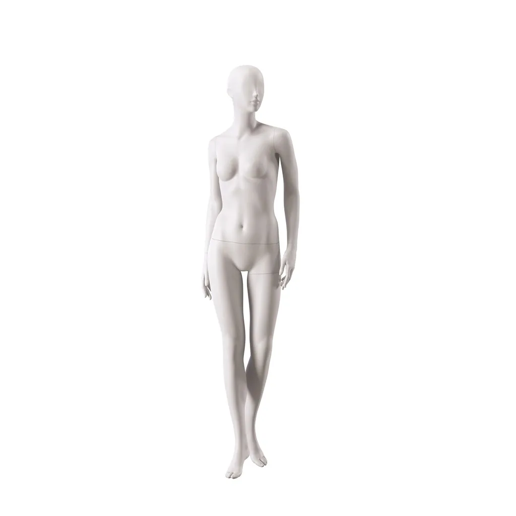 Basic female window mannequin, semi-abstract head, round tempered glass base, soft clay matt, pose 012