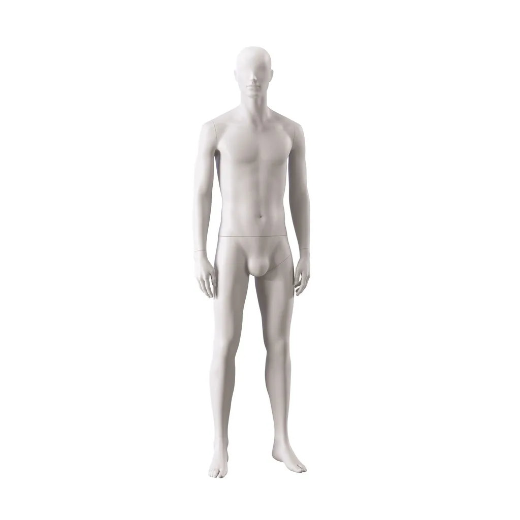 Mannequin de vitrine homme, avec tête semi-abstraite, socle rond en verre, nude, pose 103