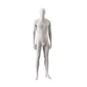 Basic male window mannequin, semi-abstract head, round tempered glass base, soft clay matt, pose 103