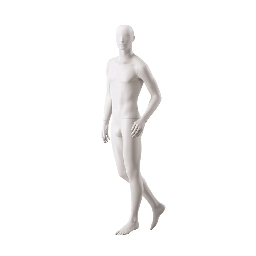 Basic male window mannequin, semi-abstract head, round tempered glass base, soft clay matt, pose 105