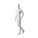 Basic male window mannequin, semi-abstract head, round tempered glass base, soft clay matt, pose 105