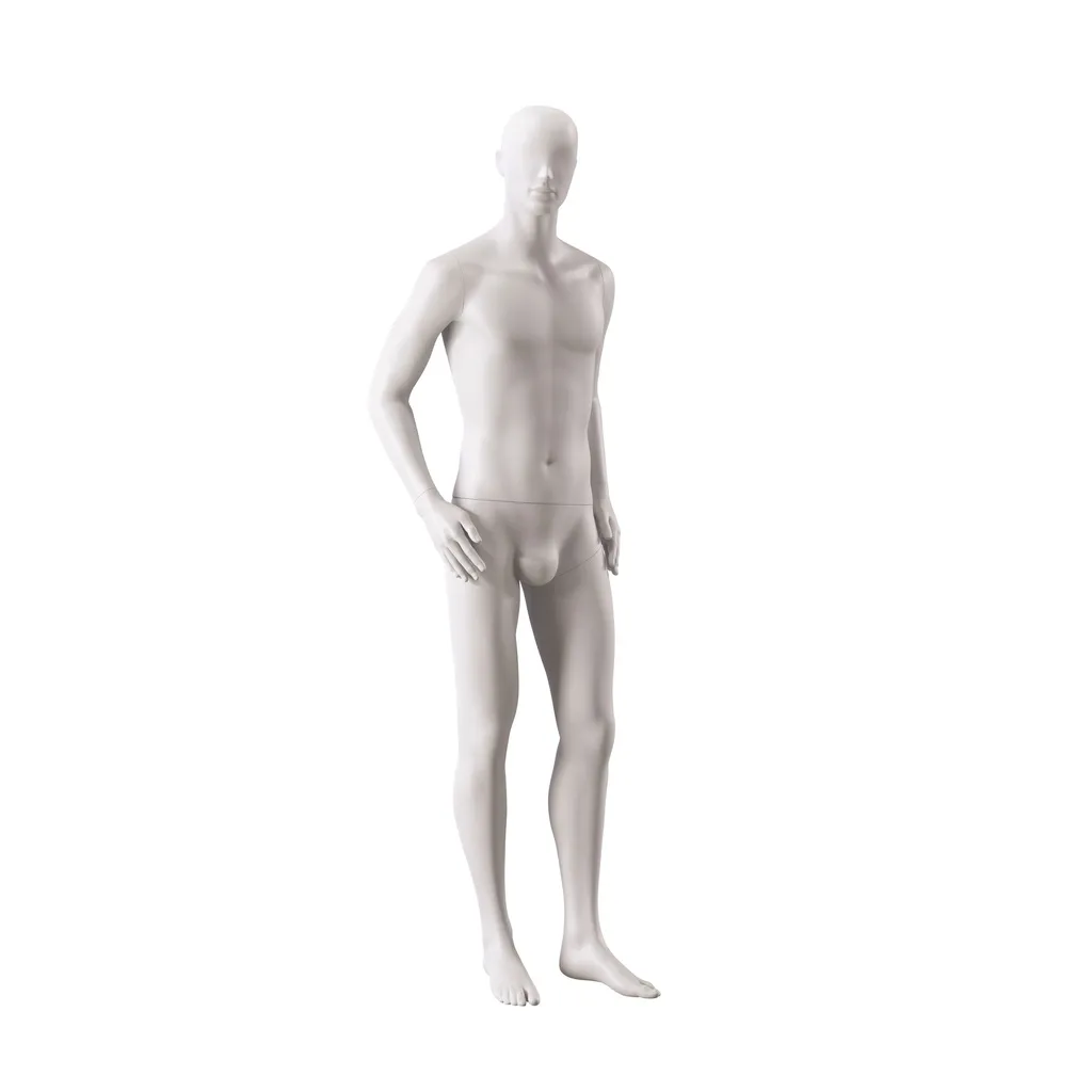 Basic male window mannequin, semi-abstract head, round tempered glass base, soft clay matt, pose 106